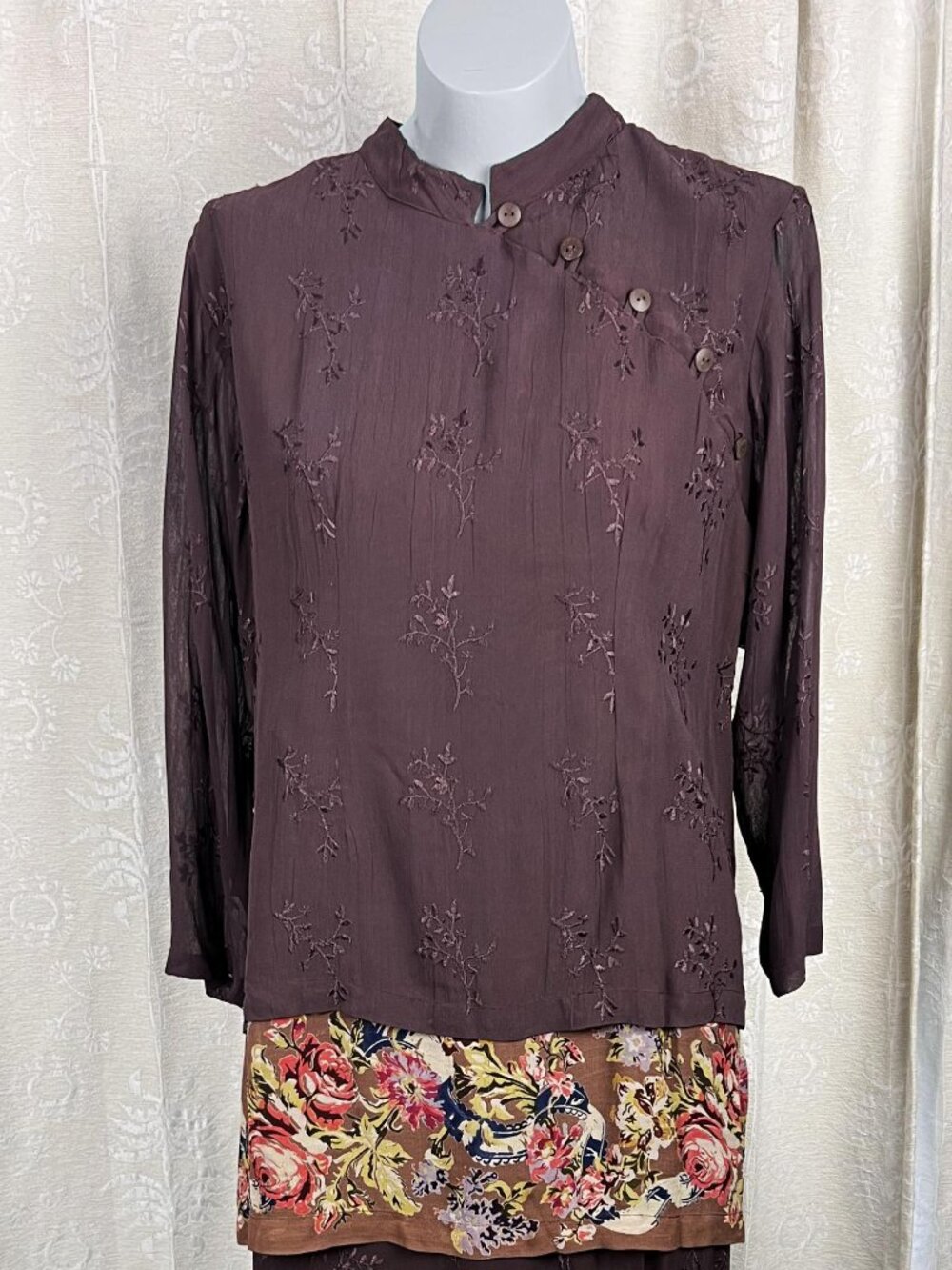 Vintage April Cornell embroidered chiffon layered blouse brown floral boho M